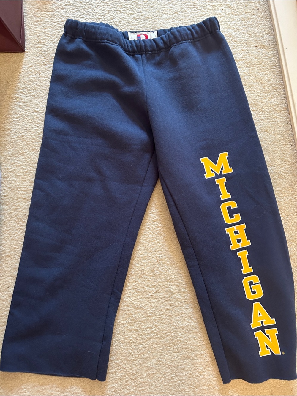 Michigan women’s cropped Navy Sweatpants with Yellow Team Print